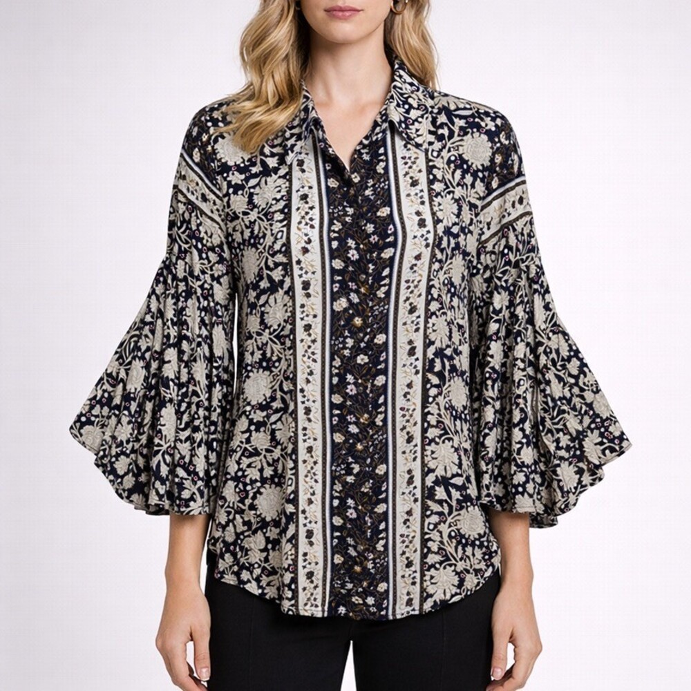 Aratta Silent Journey Floral Mixed Print Bell Sleeve Blouse Shirt Size Small